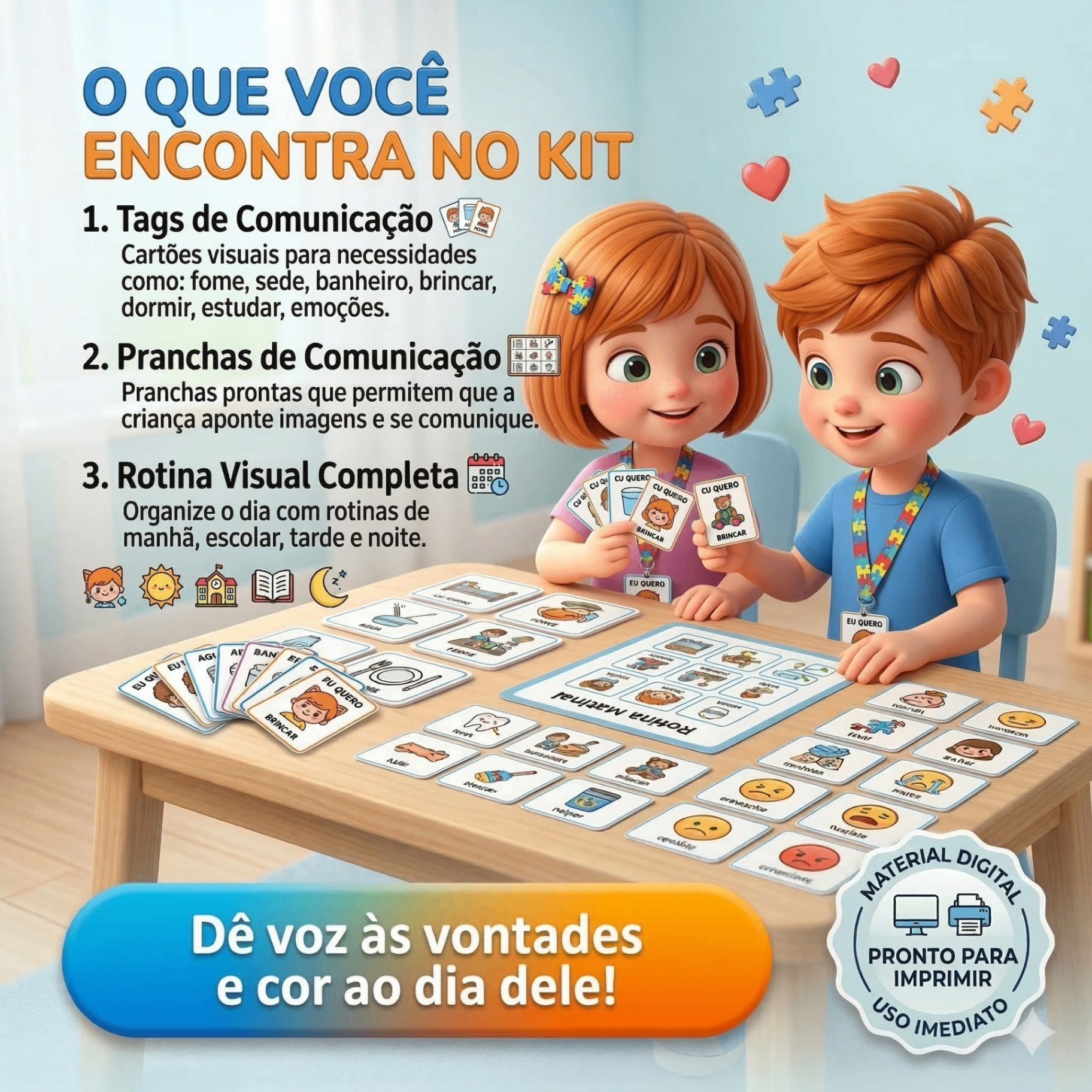 O que você encontra no Kit - Tags de Comunicação, Pranchas e Rotina Visual